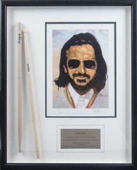 Ringo Starr Signed Drumsticks With Litho In 17x21 Framed Display -24/500 (Beckett)